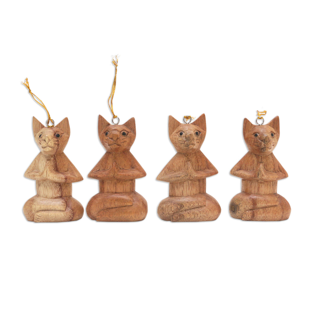 Set of 4 Hand-Carved Jempinis Wood Cat Ornaments from Bali - Feline Contemplation
