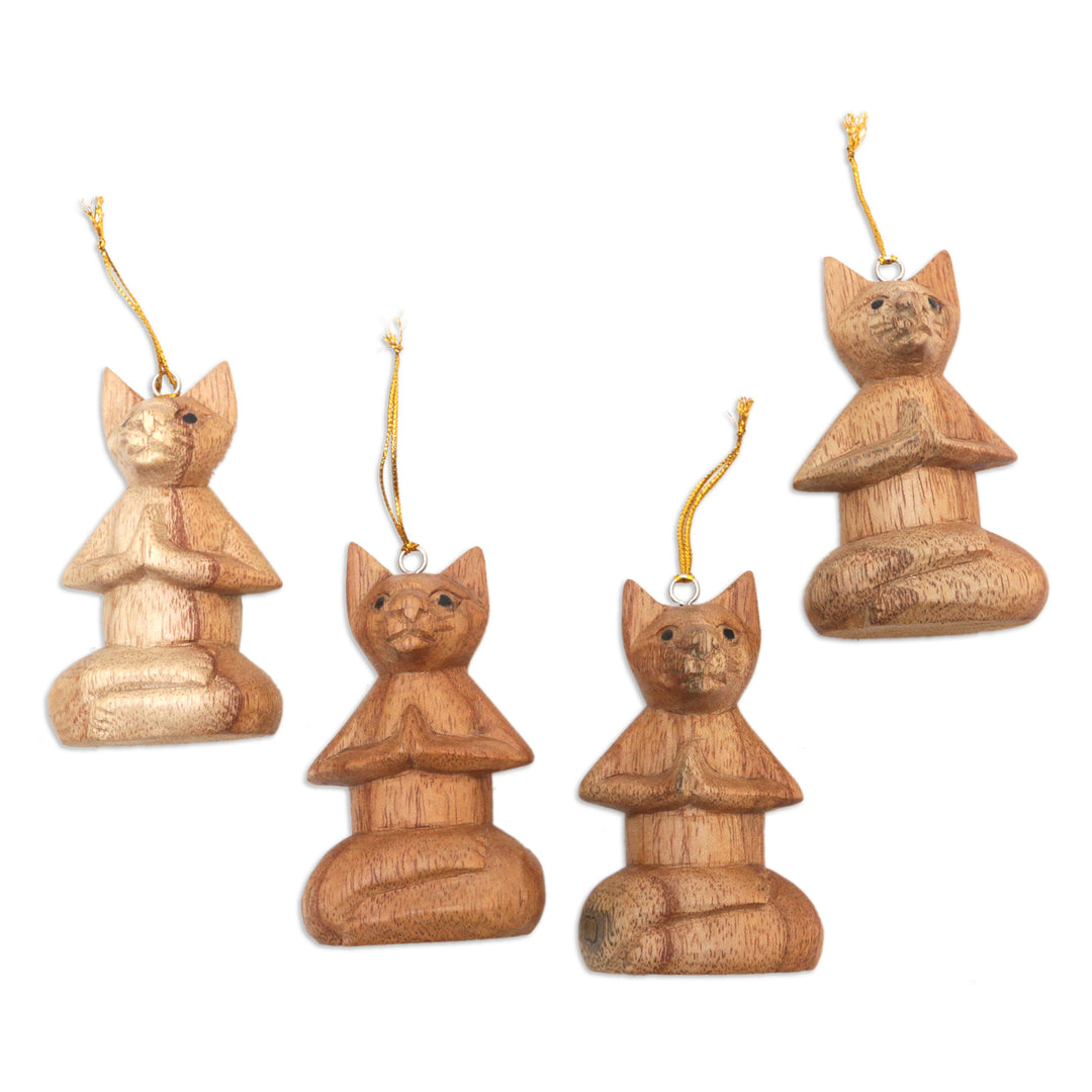 Set of 4 Hand-Carved Jempinis Wood Cat Ornaments from Bali - Feline Contemplation