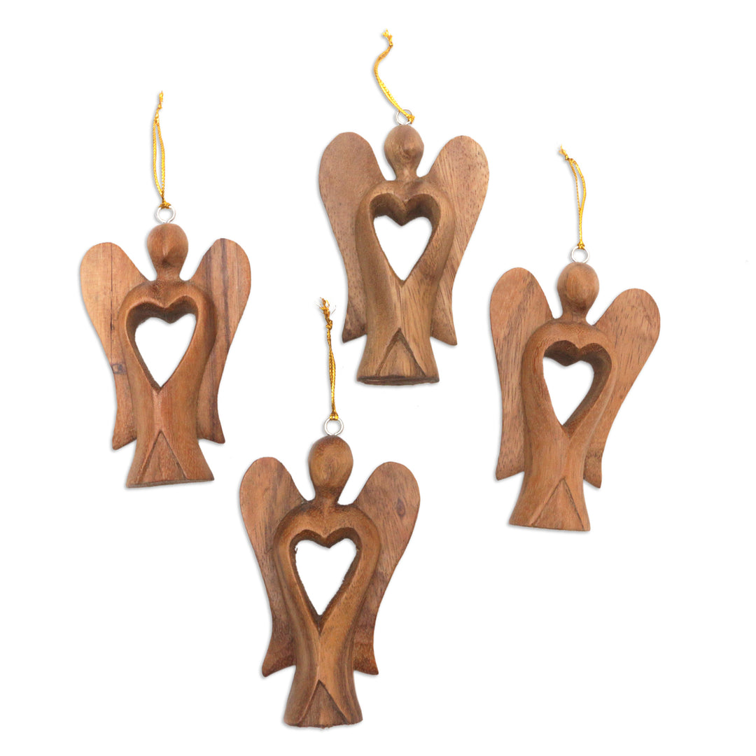 Set of 4 Hand-Carved Suar Wood Fairy Ornaments with Hearts - Fairy Hearts