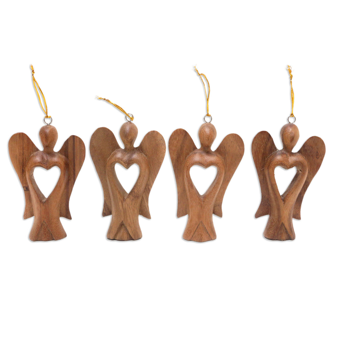 Set of 4 Hand-Carved Suar Wood Fairy Ornaments with Hearts - Fairy Hearts