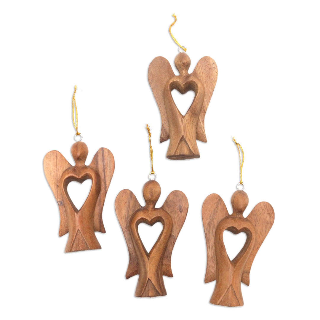 Set of 4 Hand-Carved Suar Wood Fairy Ornaments with Hearts - Fairy Hearts