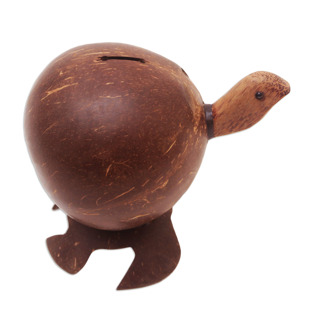 Handcrafted Brown Coconut Shell Turtle Coin Bank from Bali - Prosperous Turtle