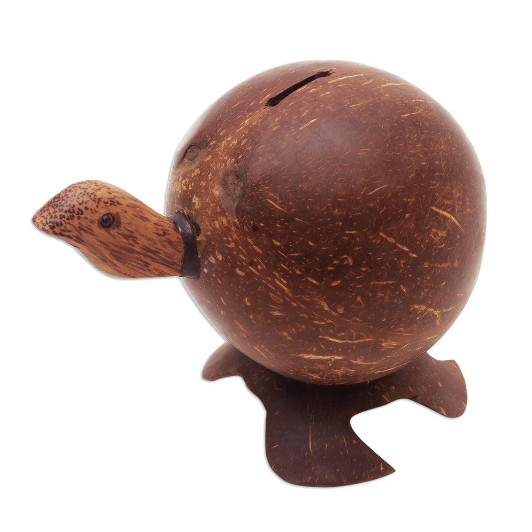 Handcrafted Brown Coconut Shell Turtle Coin Bank from Bali - Prosperous Turtle