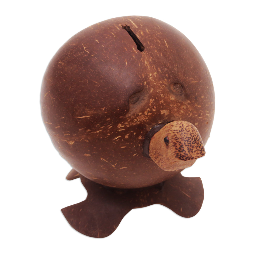 Handcrafted Brown Coconut Shell Turtle Coin Bank from Bali - Prosperous Turtle