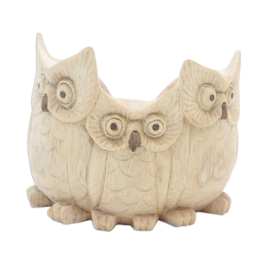 Hand-Carved Jempinis Wood Owl Family Statuette from Bali - The Wise Family