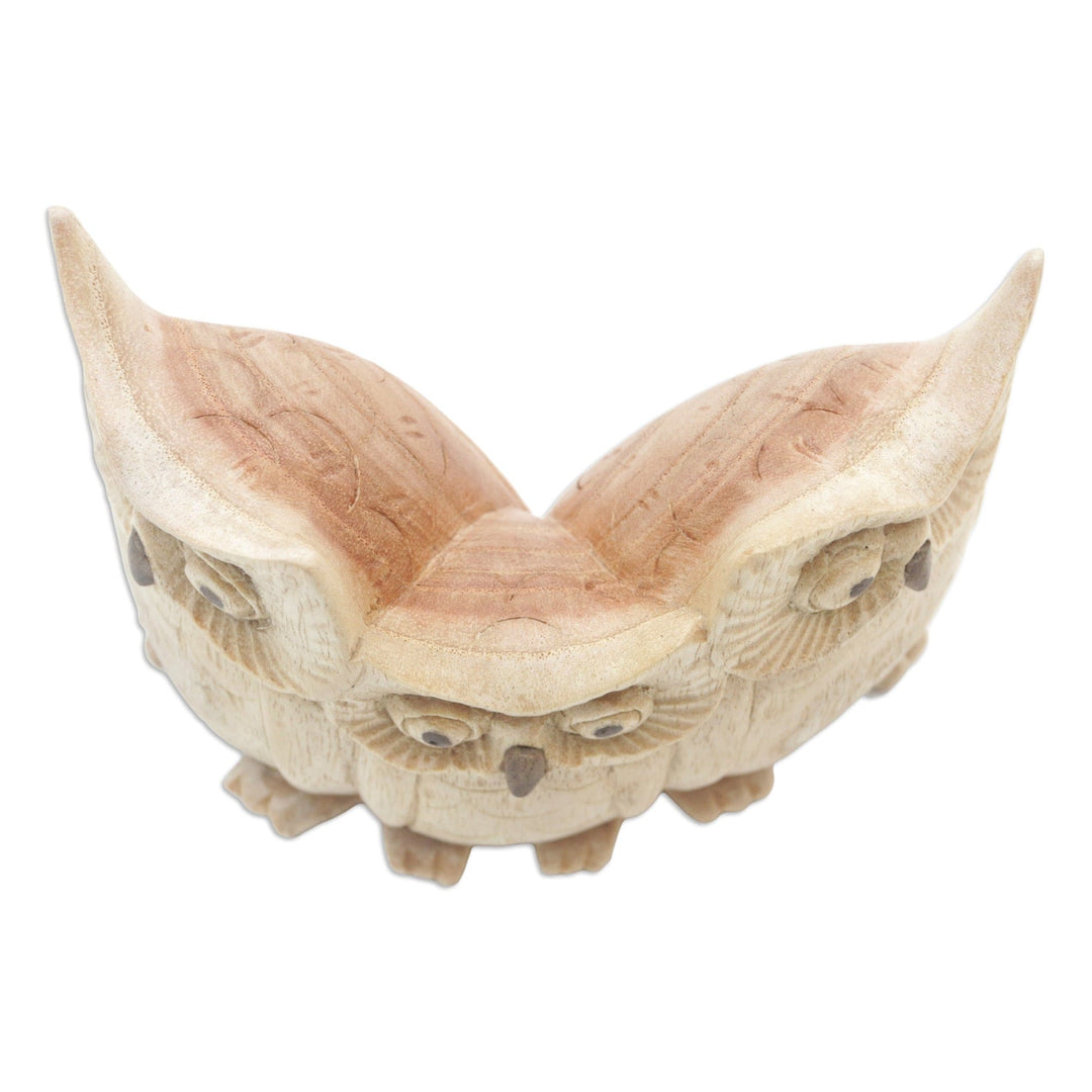 Hand-Carved Jempinis Wood Owl Family Statuette from Bali - The Wise Family