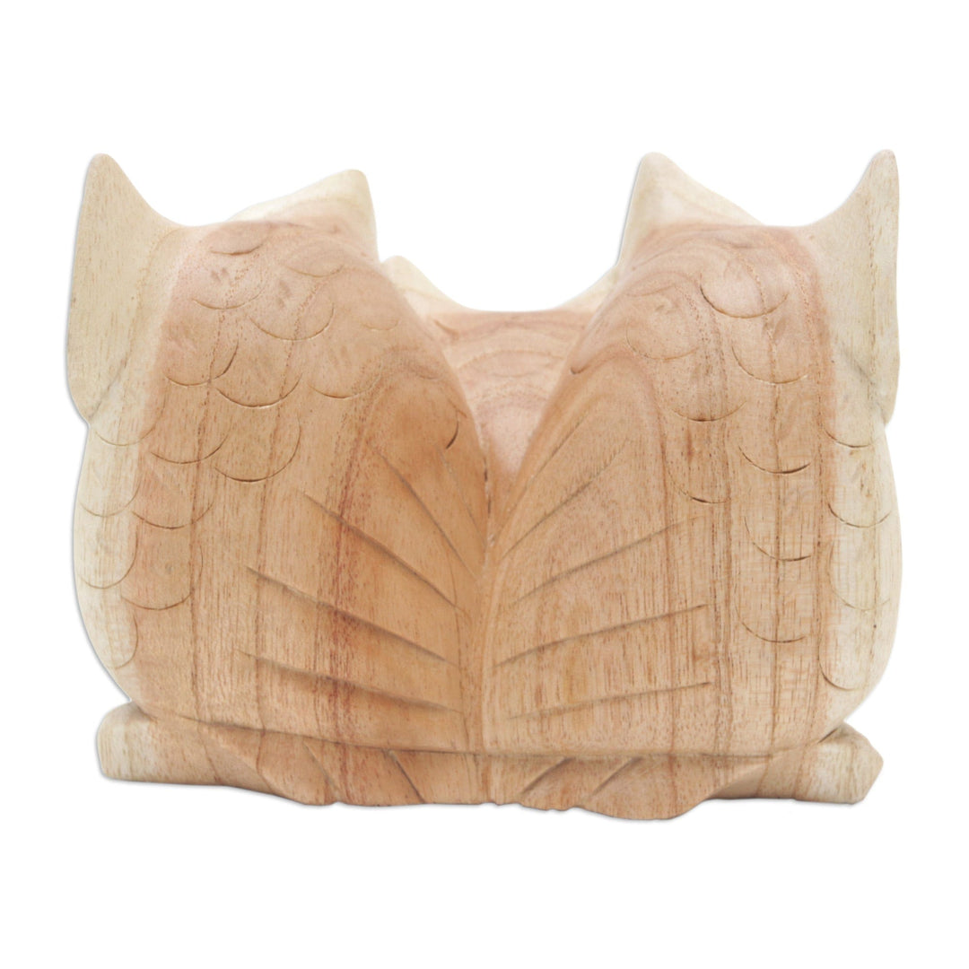 Hand-Carved Jempinis Wood Owl Family Statuette from Bali - The Wise Family