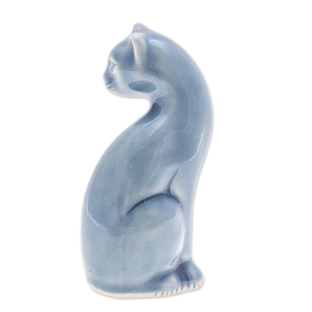 Blue Celadon Ceramic Cat Figurine Hand-Crafted in Thailand - Beautiful Cat in Blue
