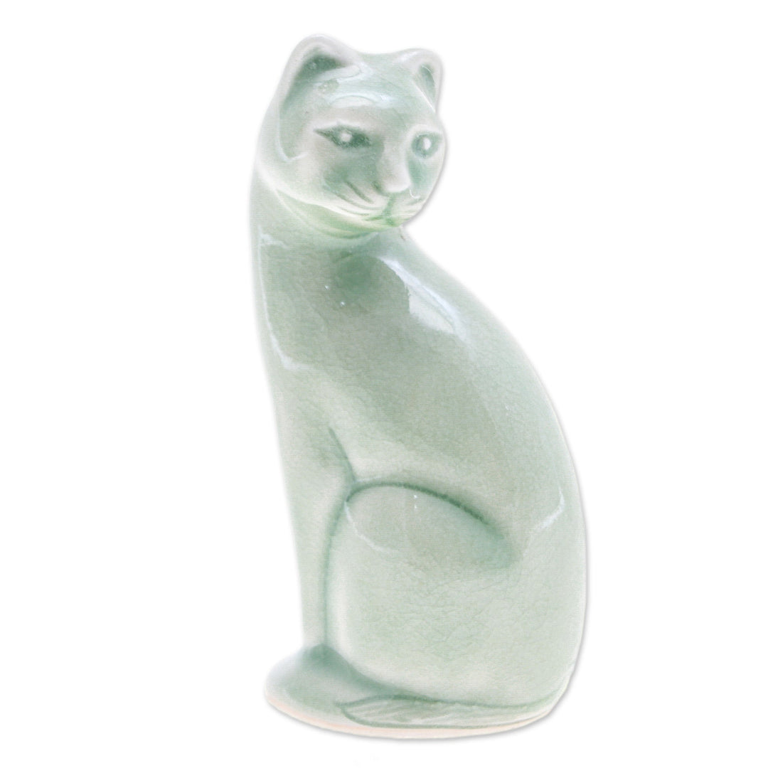 Green Celadon Ceramic Cat Figurine Hand-Crafted in Thailand - Beautiful Cat
