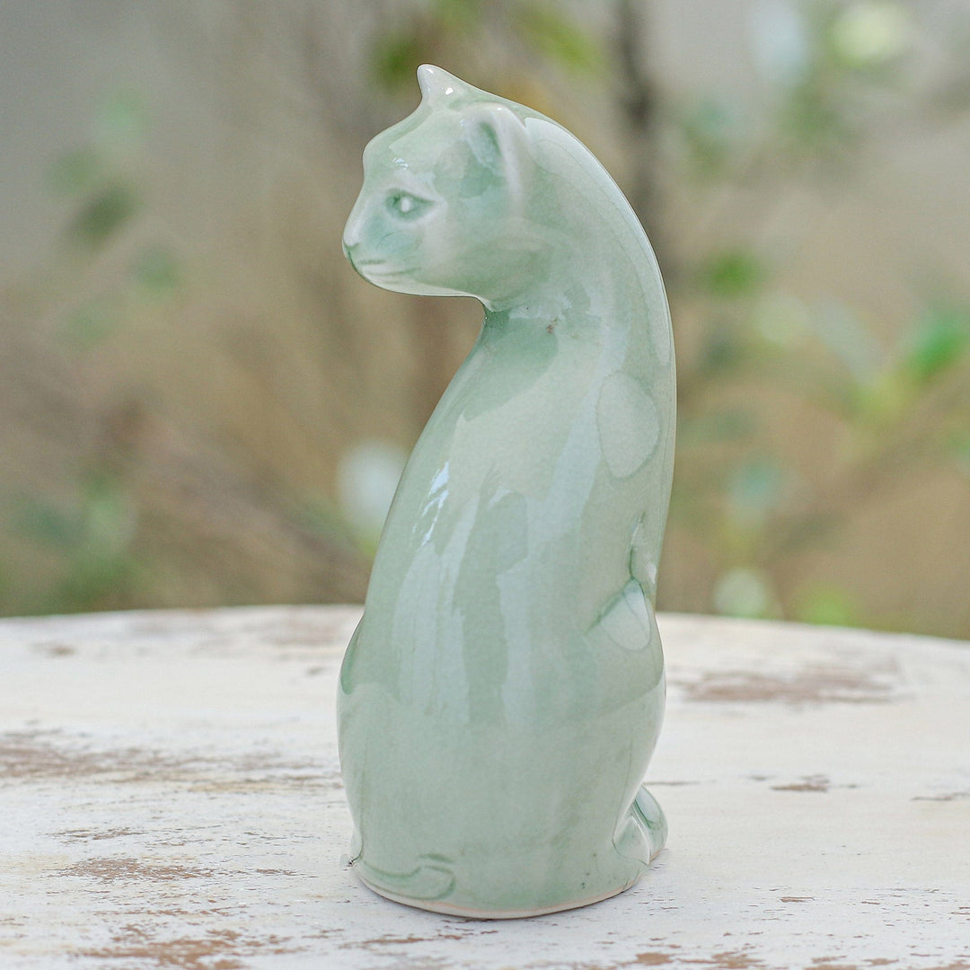 Green Celadon Ceramic Cat Figurine Hand-Crafted in Thailand - Beautiful Cat