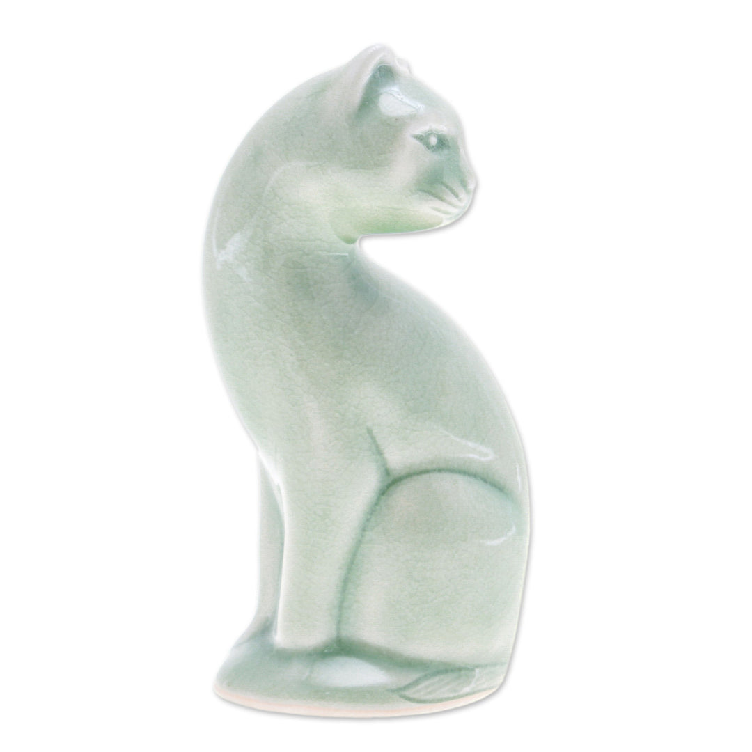 Green Celadon Ceramic Cat Figurine Hand-Crafted in Thailand - Beautiful Cat