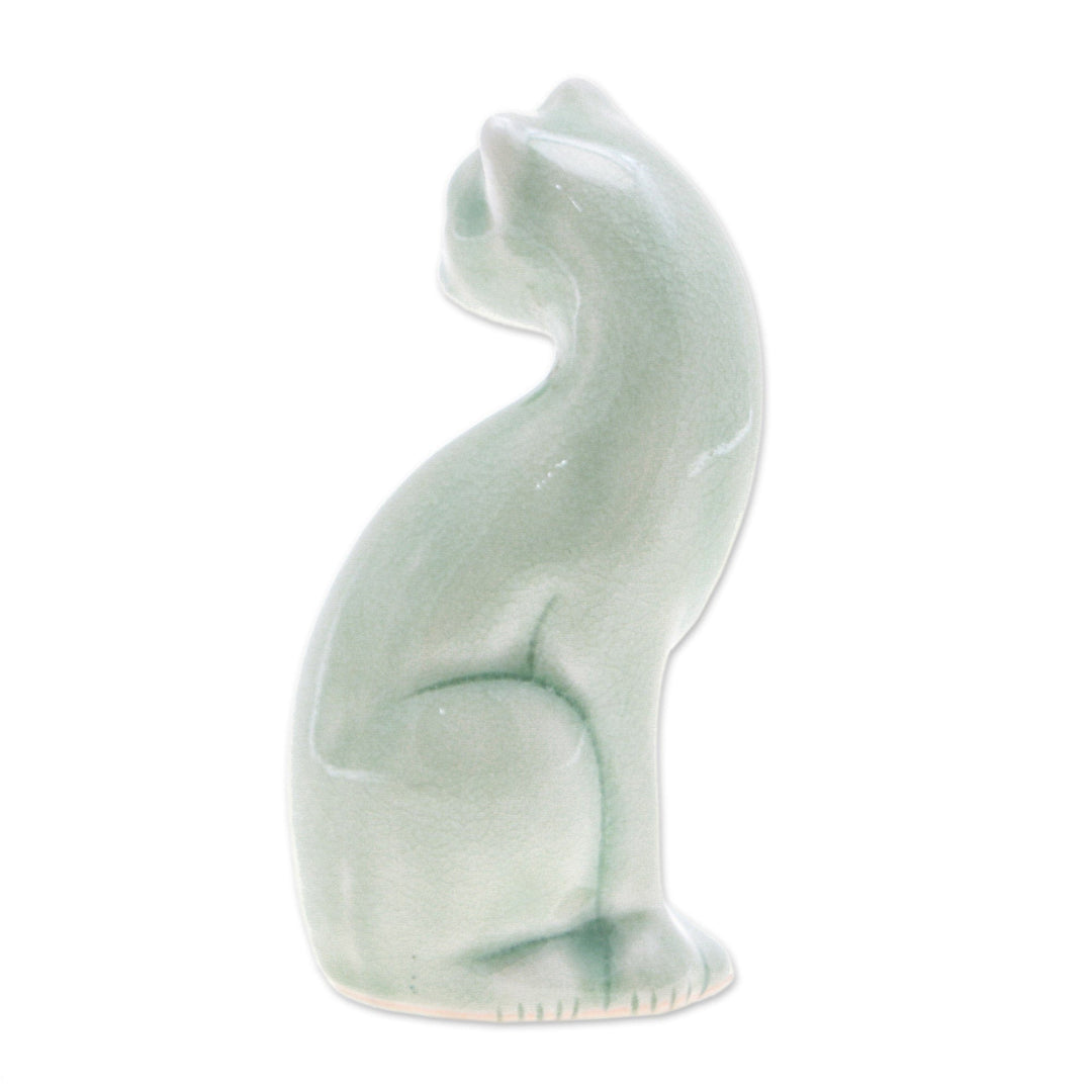 Green Celadon Ceramic Cat Figurine Hand-Crafted in Thailand - Beautiful Cat