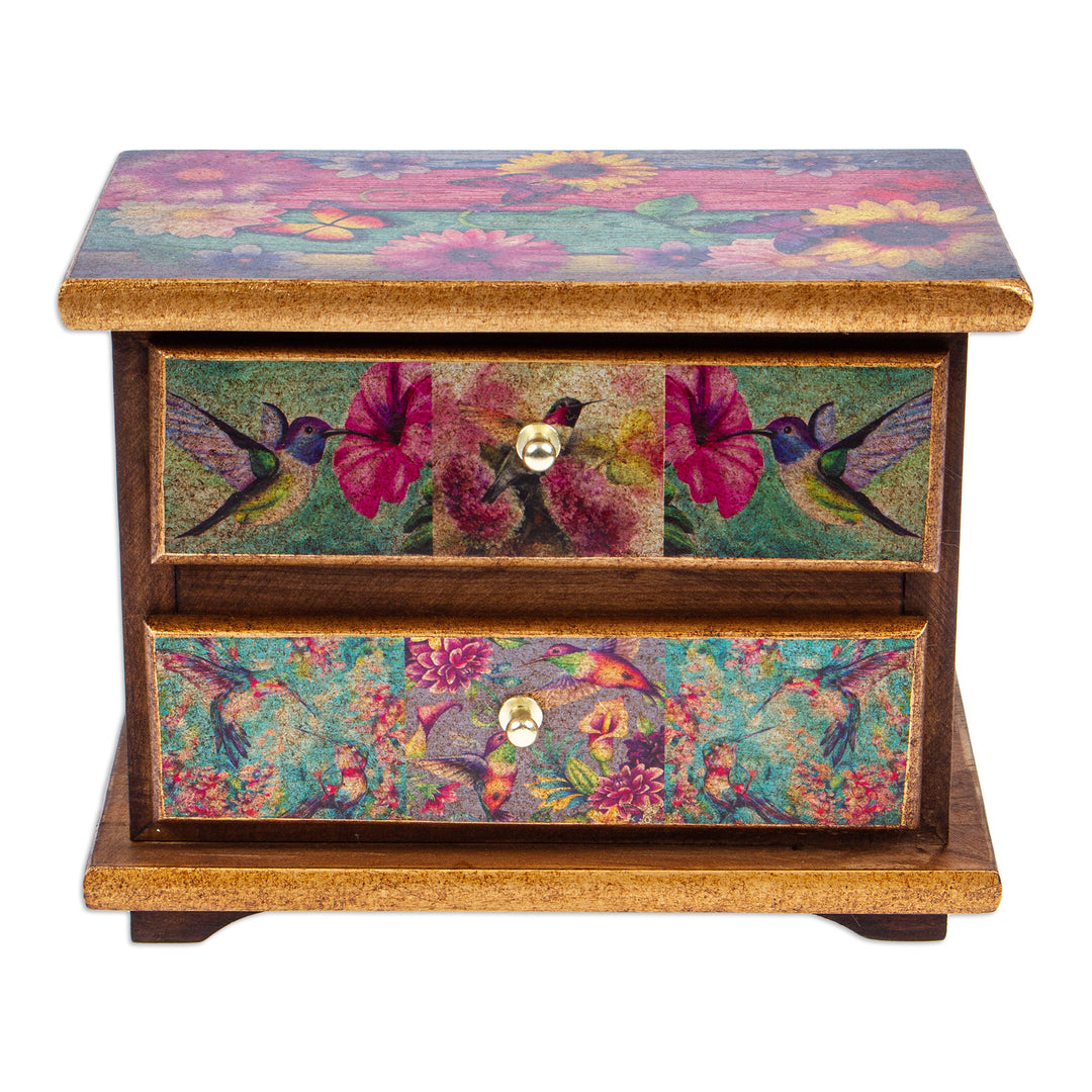 Decoupage on Pinewood Jewelry Box with Flowers & Hummingbird - Floral Hummingbirds