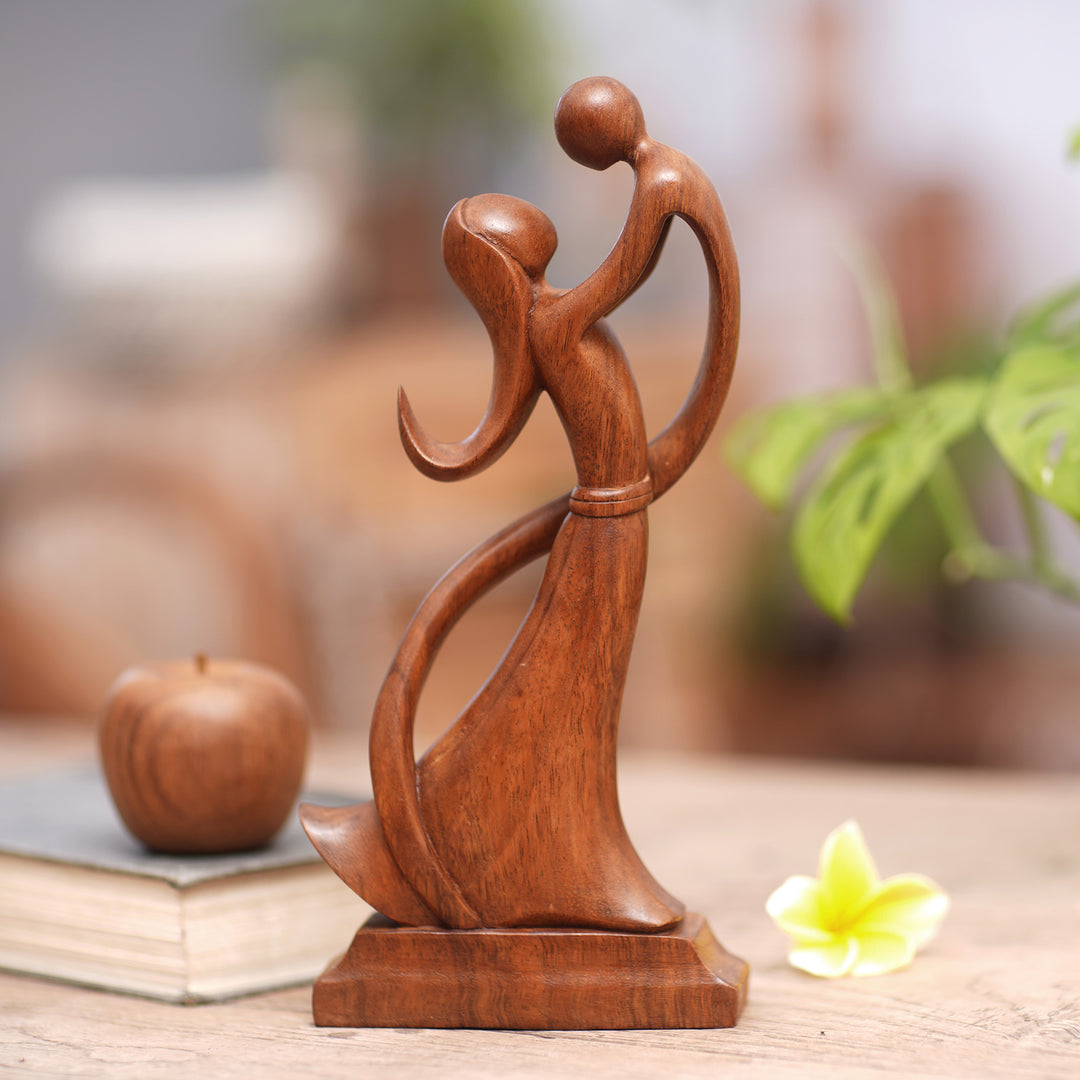 Balinese Hand-Carved Mother and Son Wood Sculpture - Dancing with Son