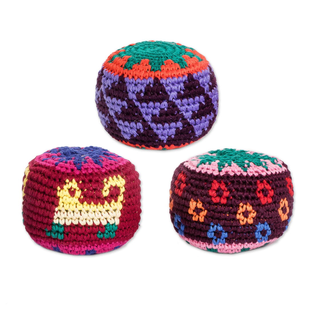 Set of 3 Knit Colorful Cotton Hacky Sacks from Guatemala - Geometric Sweetness