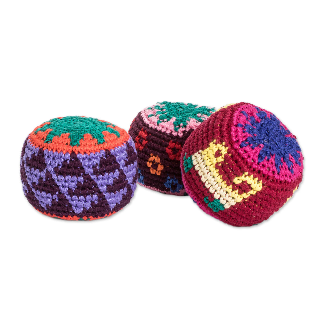 Set of 3 Knit Colorful Cotton Hacky Sacks from Guatemala - Geometric Sweetness