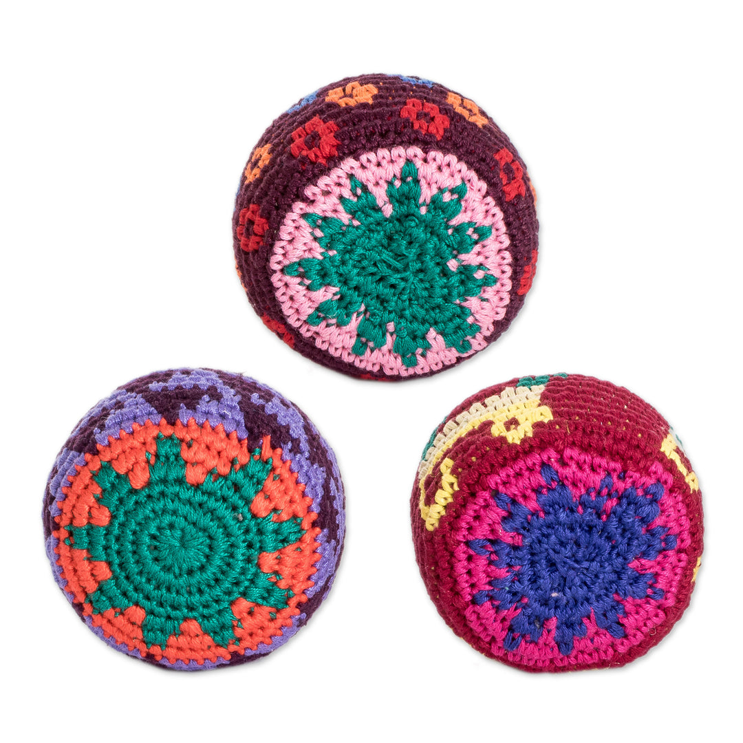Set of 3 Knit Colorful Cotton Hacky Sacks from Guatemala - Geometric Sweetness