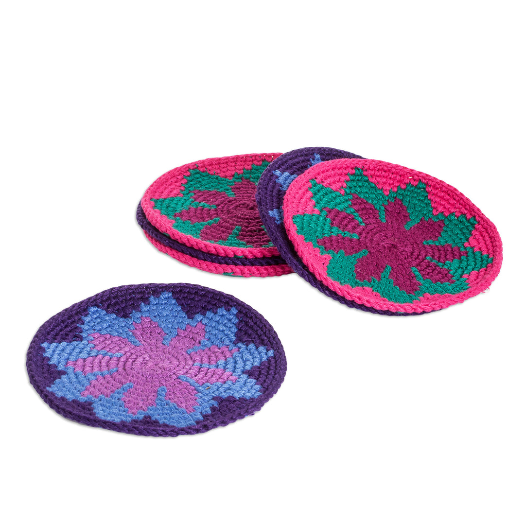 Set of 6 Handcrafted Floral Cotton Coasters from Guatemala - Vibrant Illusion