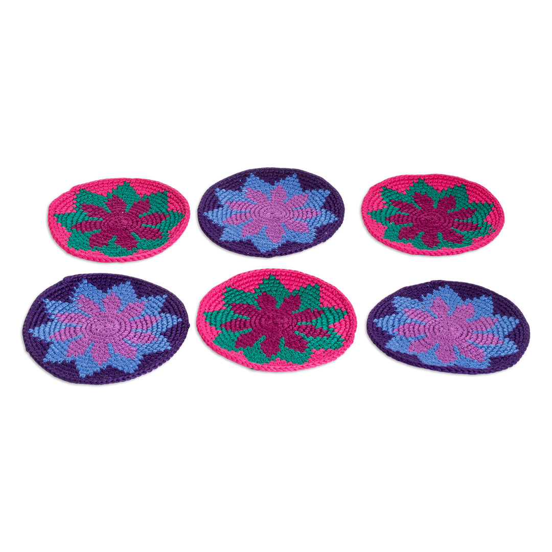 Set of 6 Handcrafted Floral Cotton Coasters from Guatemala - Vibrant Illusion