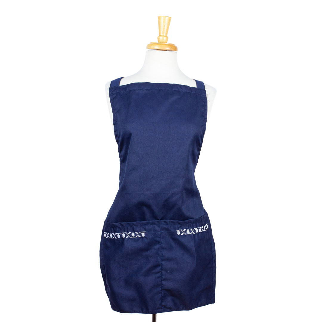 Embroidered Navy Cotton Gabardine Apron with Front Pockets - Navy Geometry