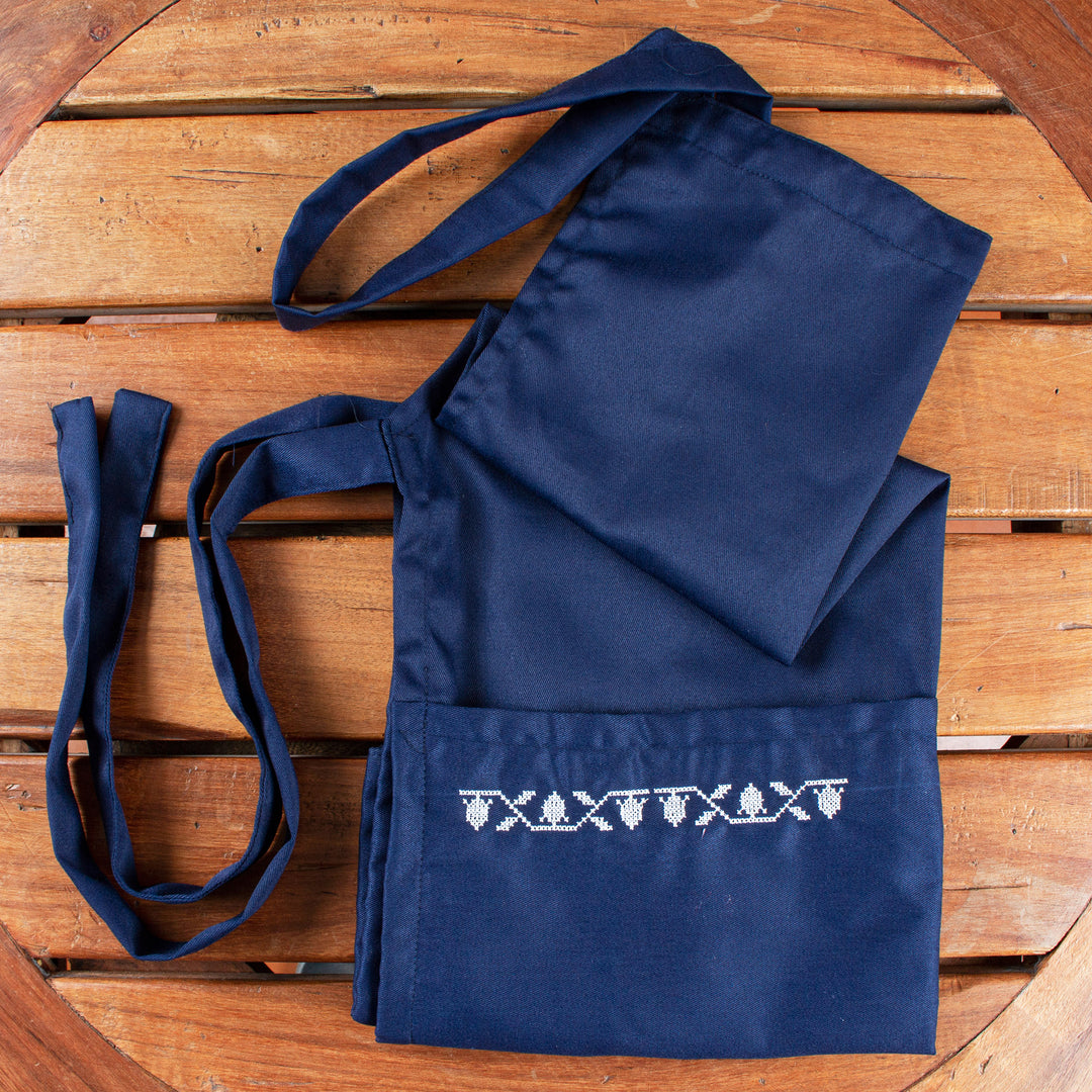 Embroidered Navy Cotton Gabardine Apron with Front Pockets - Navy Geometry
