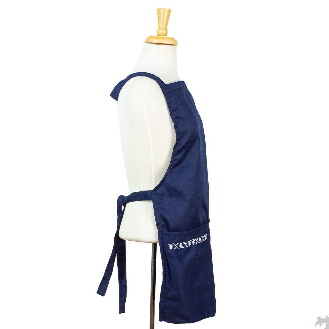 Embroidered Navy Cotton Gabardine Apron with Front Pockets - Navy Geometry