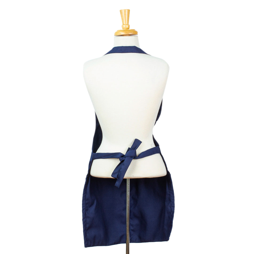 Embroidered Navy Cotton Gabardine Apron with Front Pockets - Navy Geometry