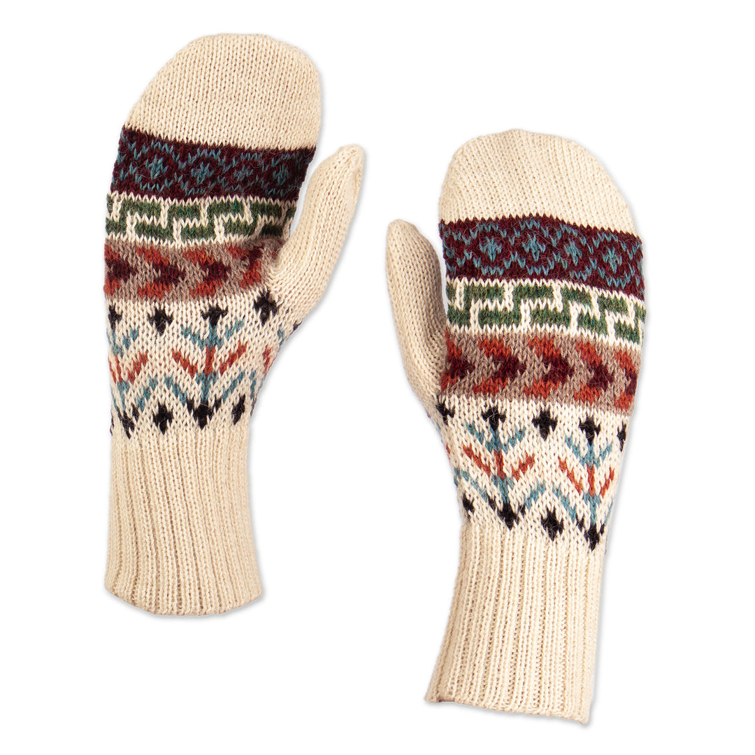 Handloomed Traditional Andean Ivory Alpaca Mittens from Peru - Andean Nature