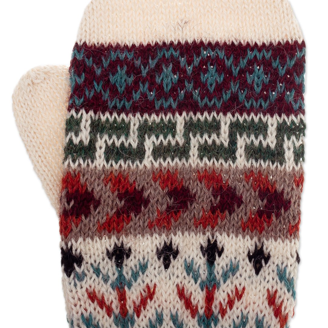 Handloomed Traditional Andean Ivory Alpaca Mittens from Peru - Andean Nature