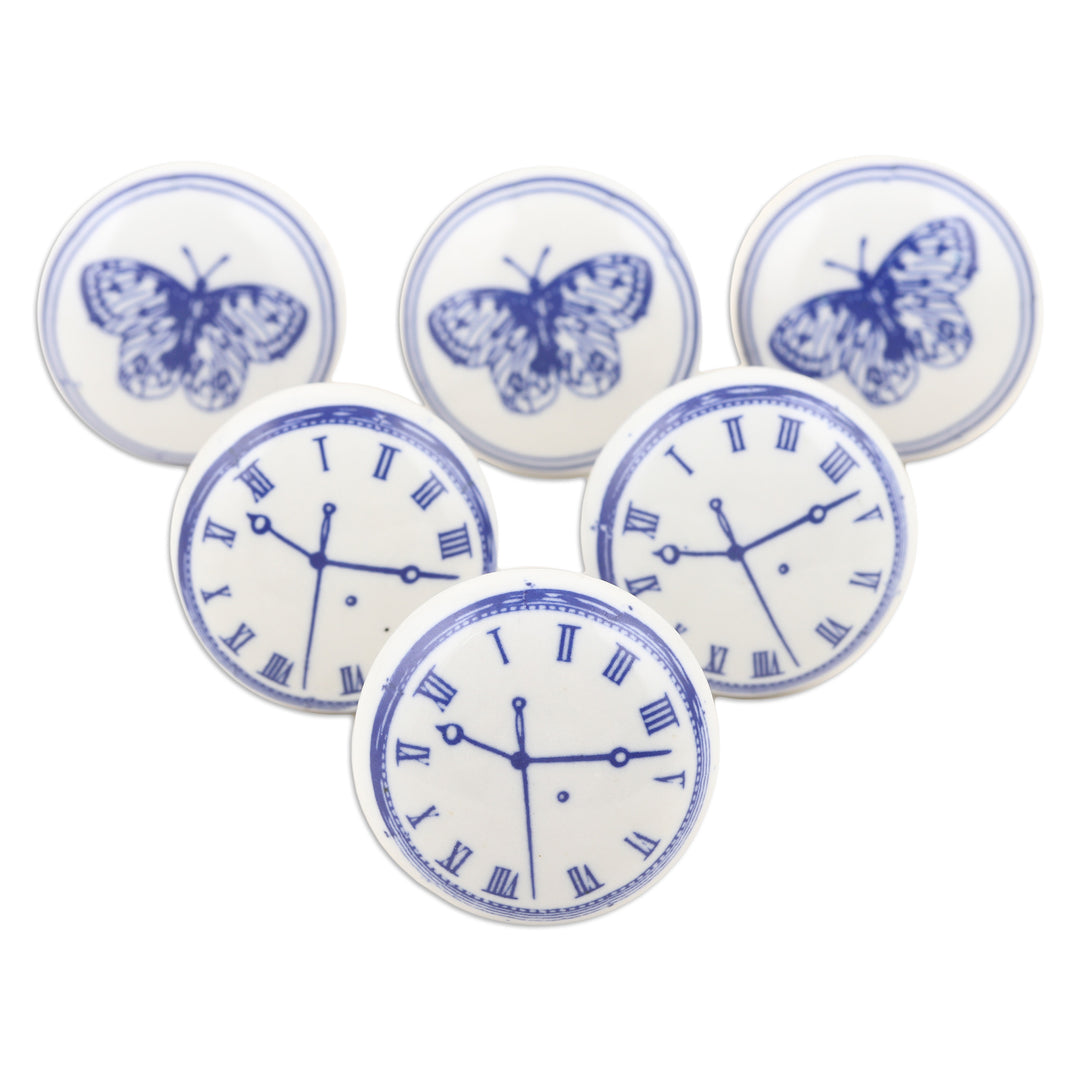 Set of 6 Handcrafted Butterfly and Time Themed Ceramic Knobs - Butterfly Time