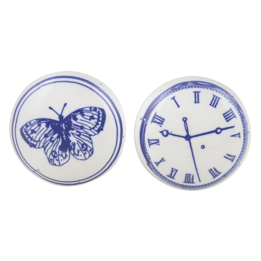 Set of 6 Handcrafted Butterfly and Time Themed Ceramic Knobs - Butterfly Time
