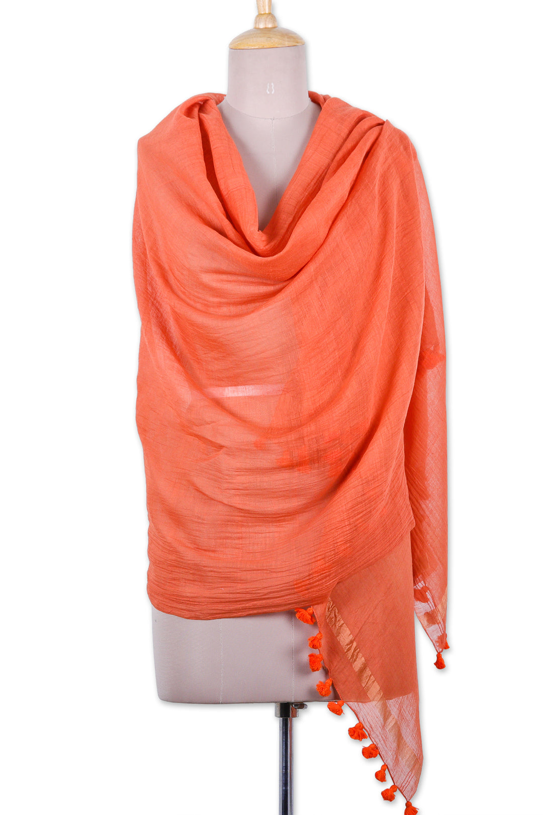 Ginger-Toned Cotton and Silk Blend Shawl with Tassels - Spicy Ginger