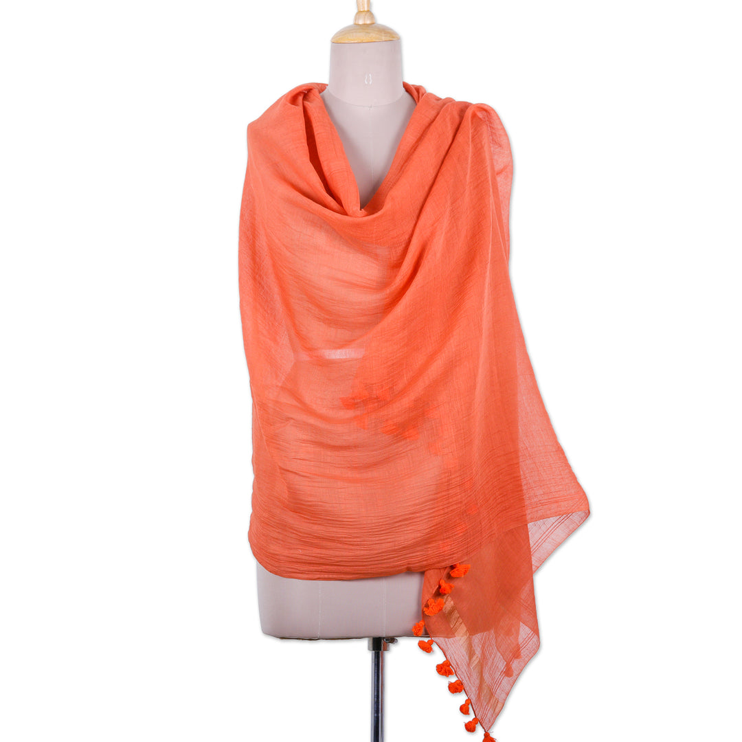 Ginger-Toned Cotton and Silk Blend Shawl with Tassels - Spicy Ginger