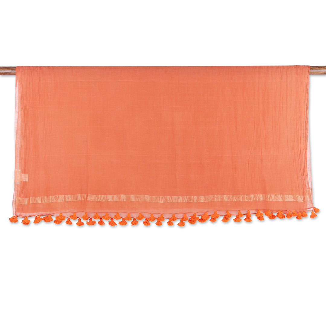 Ginger-Toned Cotton and Silk Blend Shawl with Tassels - Spicy Ginger