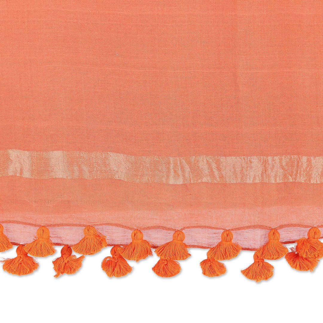 Ginger-Toned Cotton and Silk Blend Shawl with Tassels - Spicy Ginger