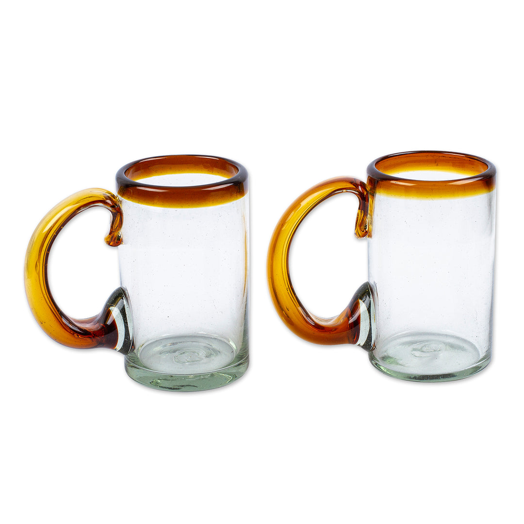 2 Hand Blown Recycled Beer Glasses with Amber Handle and Rim - Amber Rim