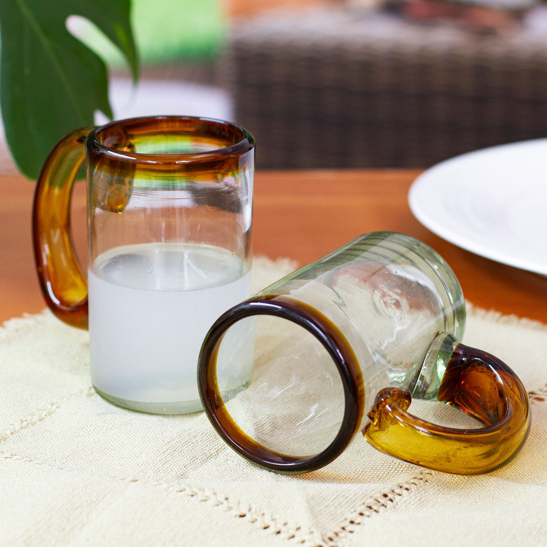 2 Hand Blown Recycled Beer Glasses with Amber Handle and Rim - Amber Rim