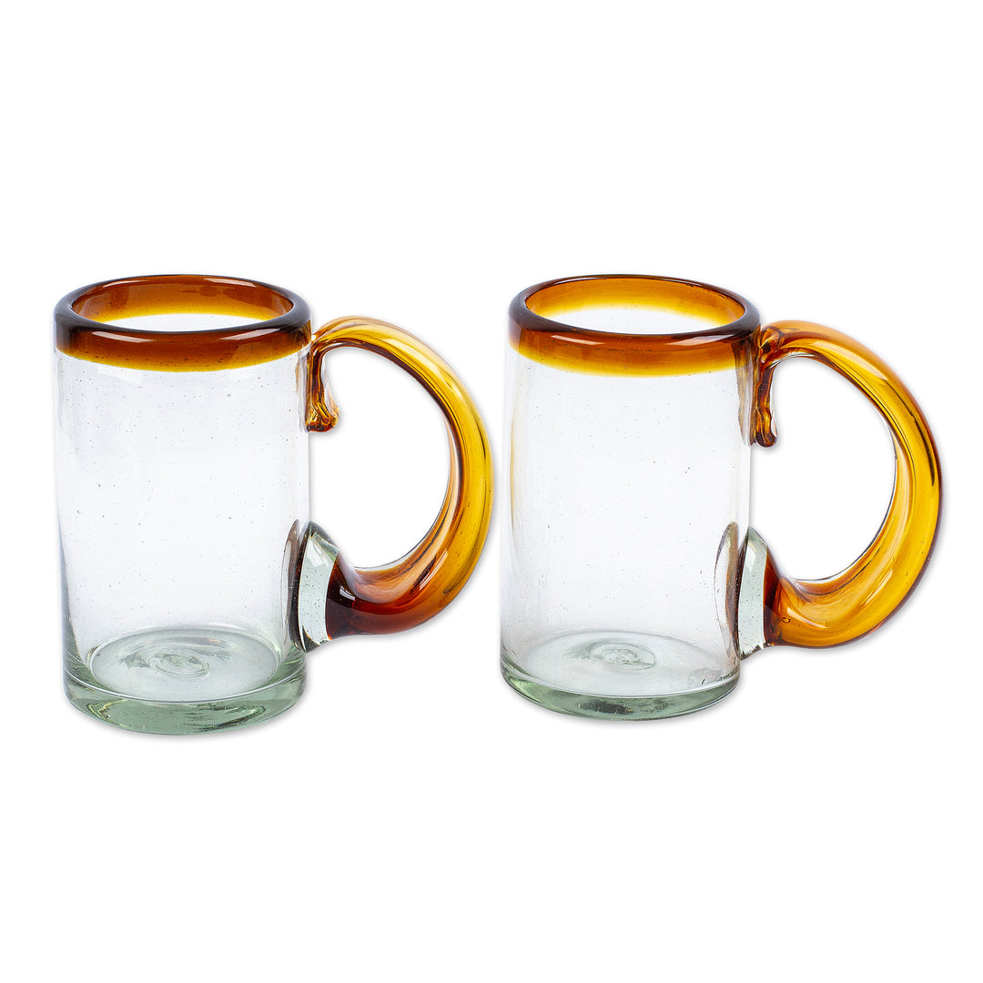 2 Hand Blown Recycled Beer Glasses with Amber Handle and Rim - Amber Rim