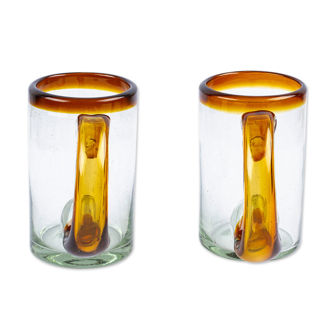 2 Hand Blown Recycled Beer Glasses with Amber Handle and Rim - Amber Rim