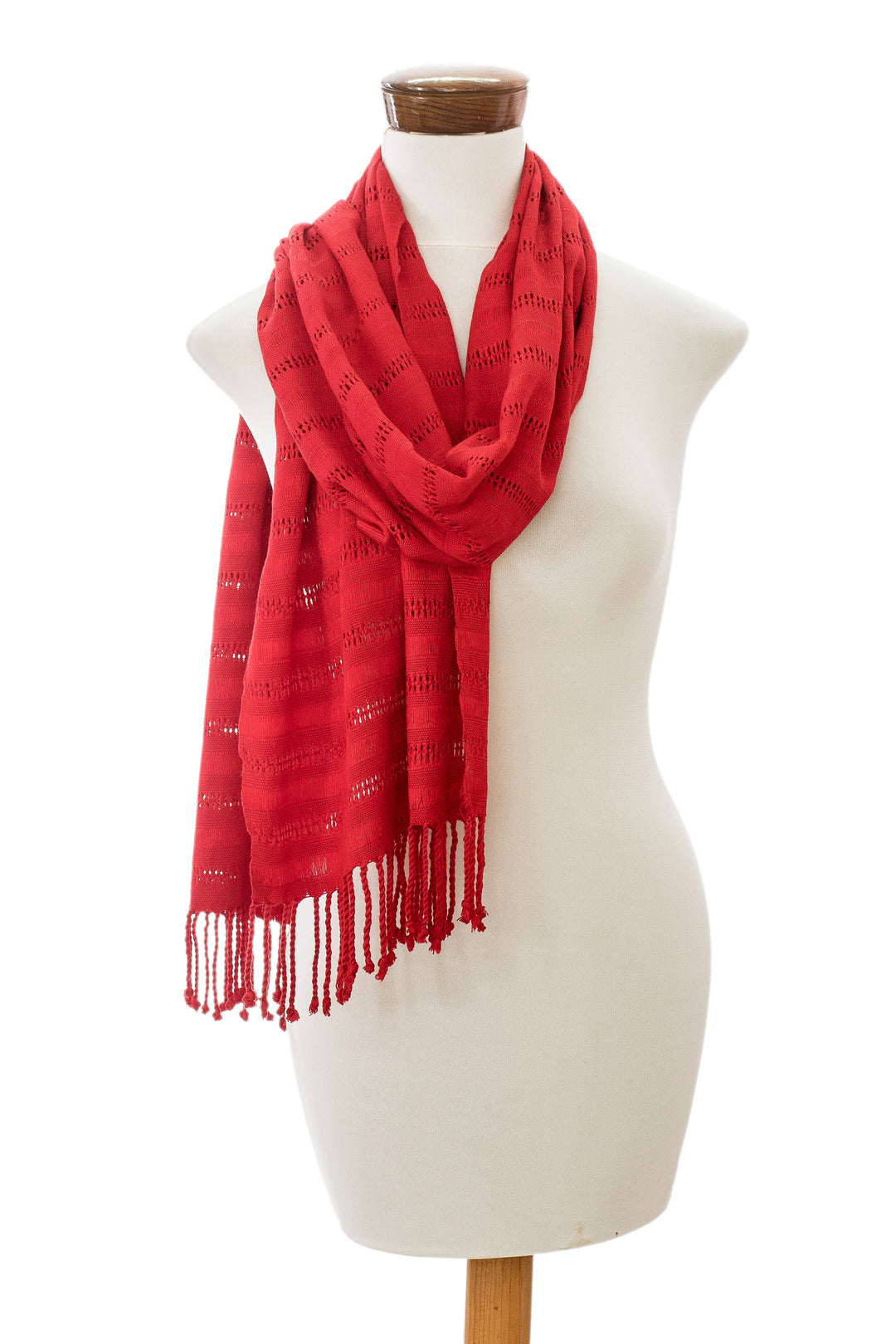 Fringed Red Scarf Hand-Woven from Rayon in Guatemala - Among Threads in Red