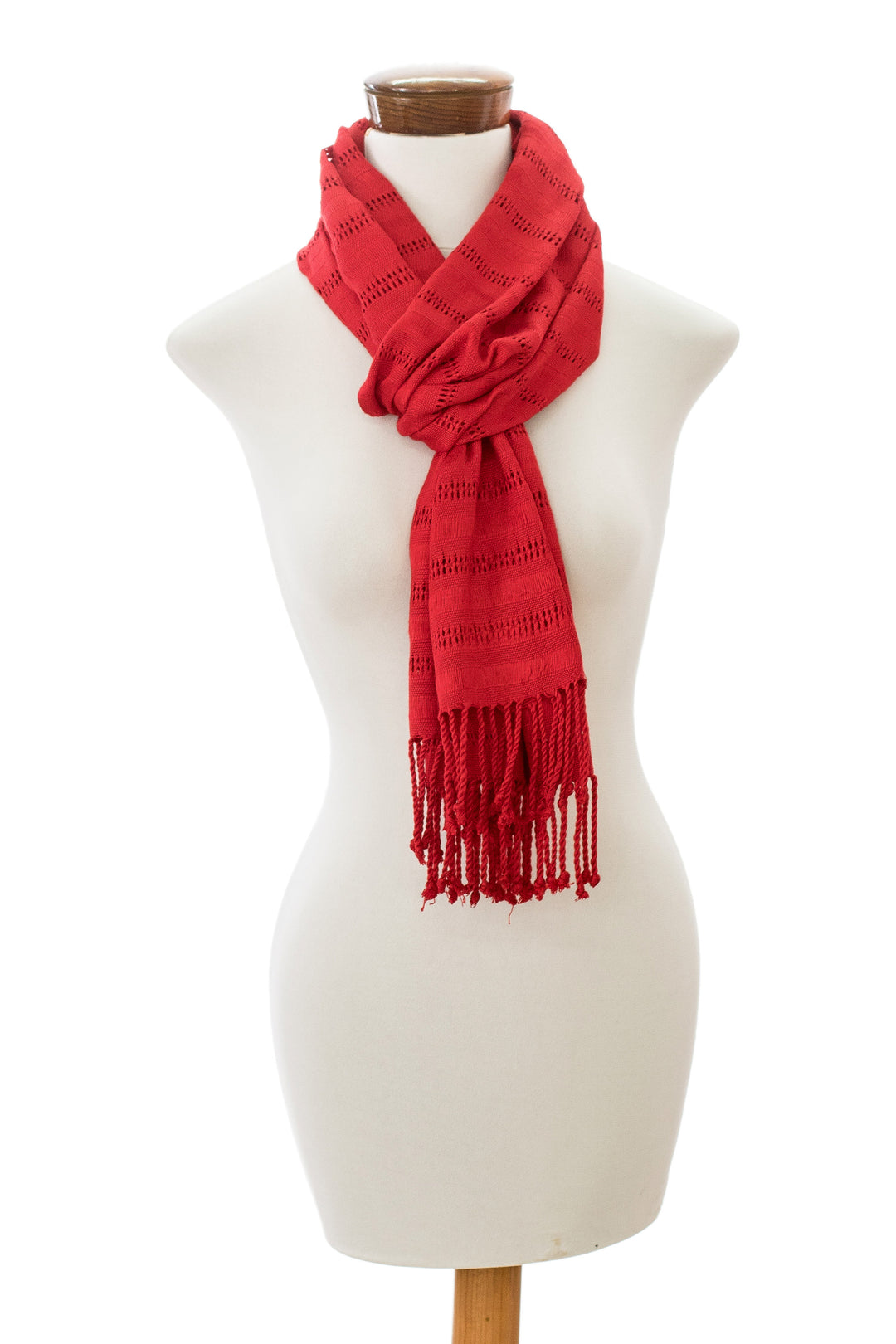 Fringed Red Scarf Hand-Woven from Rayon in Guatemala - Among Threads in Red