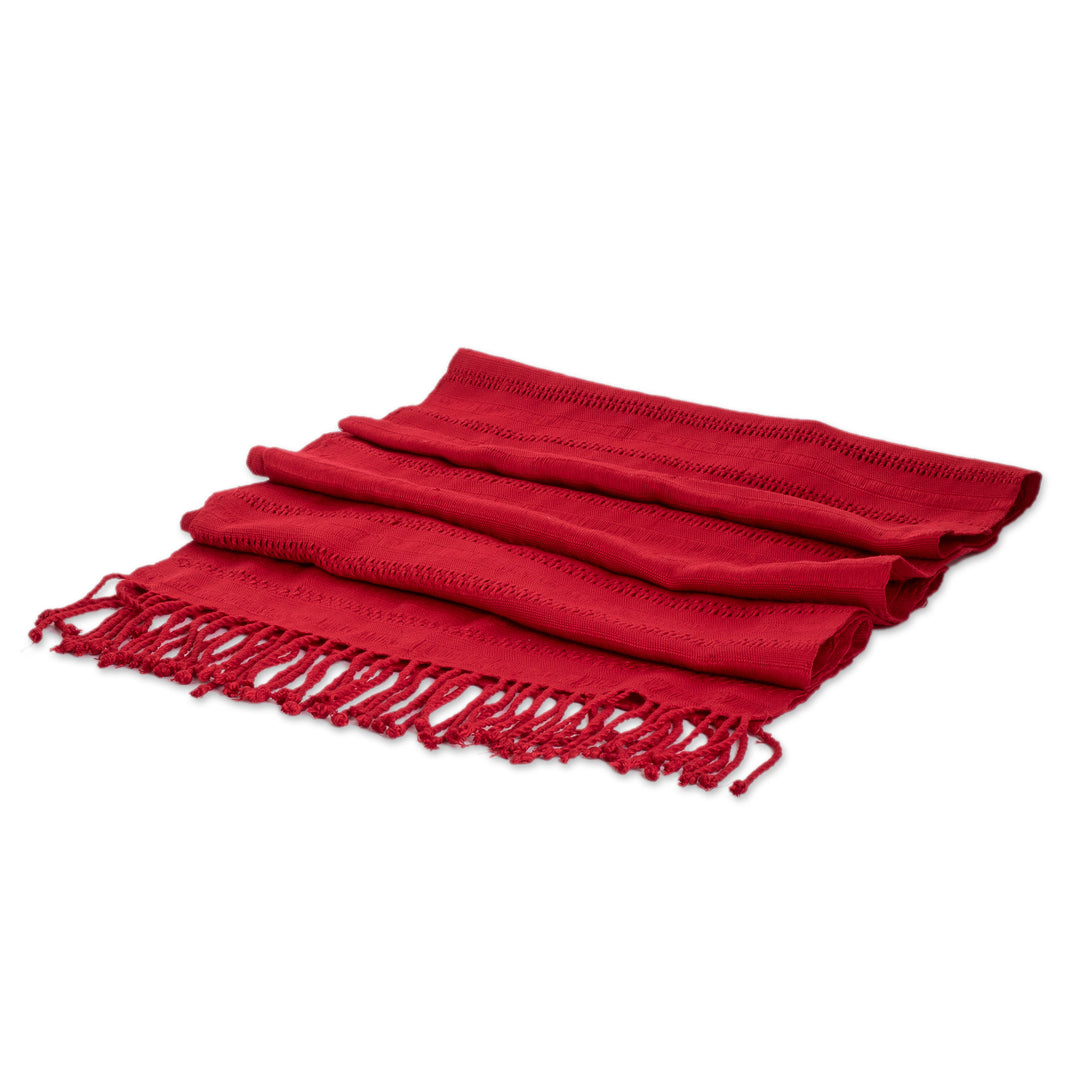 Fringed Red Scarf Hand-Woven from Rayon in Guatemala - Among Threads in Red