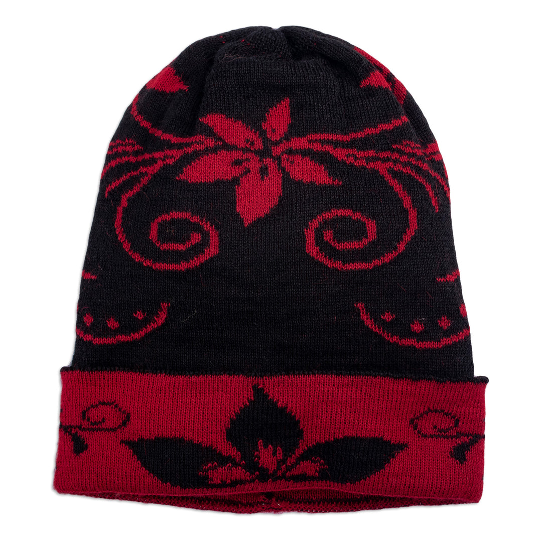Floral Crimson and Black Alpaca Blend Hat with Soft Texture - Crimson Blossom