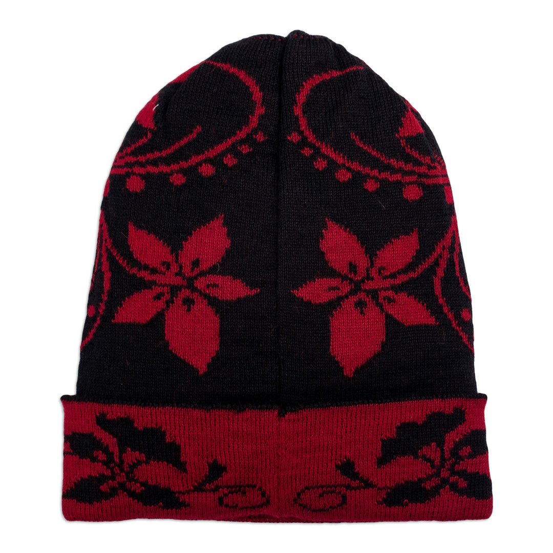 Floral Crimson and Black Alpaca Blend Hat with Soft Texture - Crimson Blossom