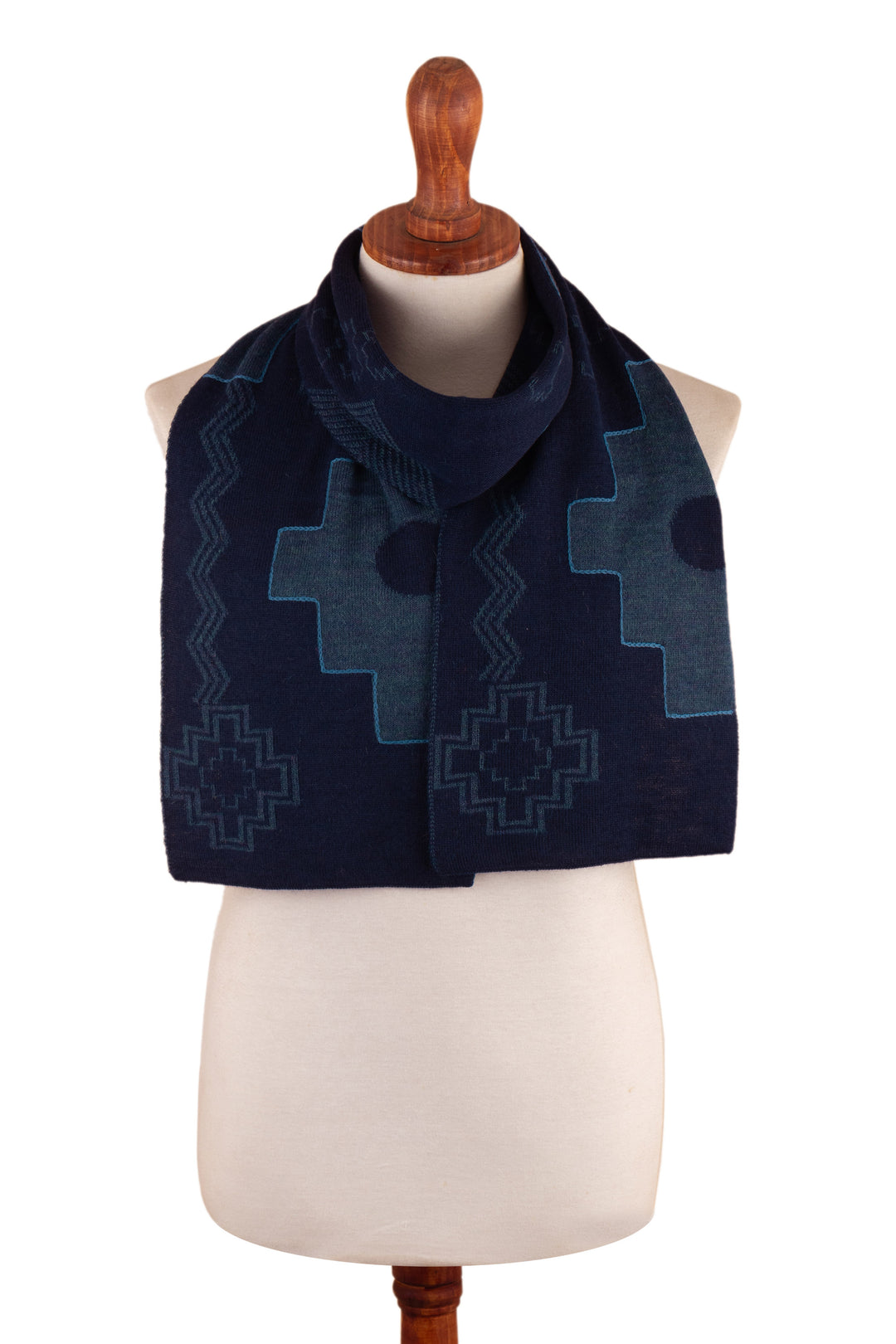 Chakana-Themed Reversible Alpaca Blend Scarf in Blue Hues - Chakana Visions