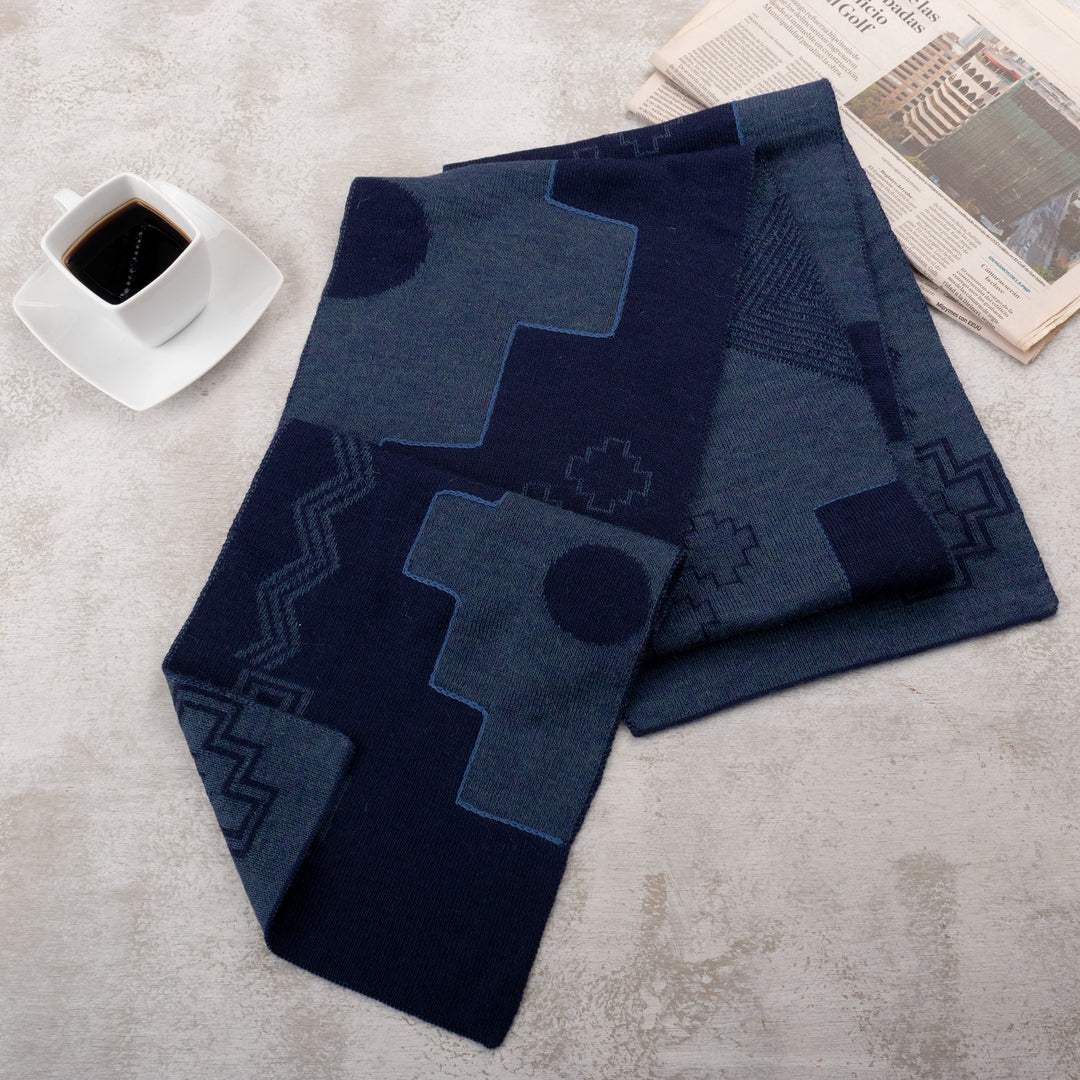 Chakana-Themed Reversible Alpaca Blend Scarf in Blue Hues - Chakana Visions