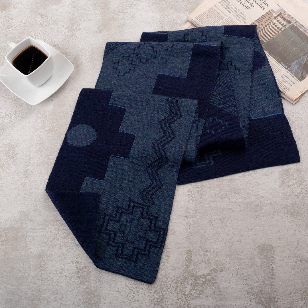 Chakana-Themed Reversible Alpaca Blend Scarf in Blue Hues - Chakana Visions