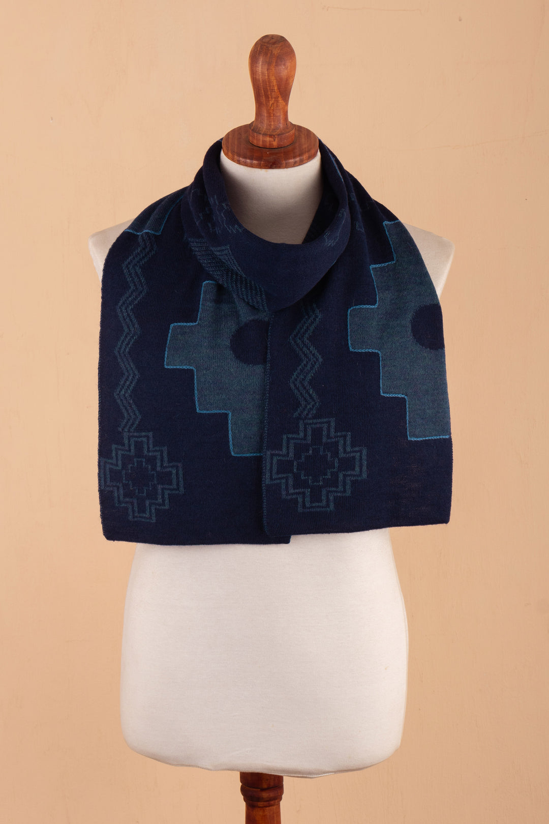 Chakana-Themed Reversible Alpaca Blend Scarf in Blue Hues - Chakana Visions