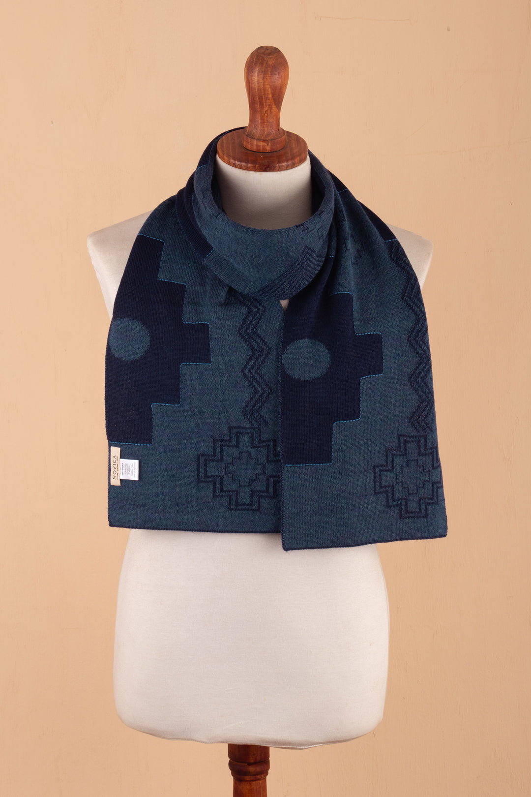 Chakana-Themed Reversible Alpaca Blend Scarf in Blue Hues - Chakana Visions