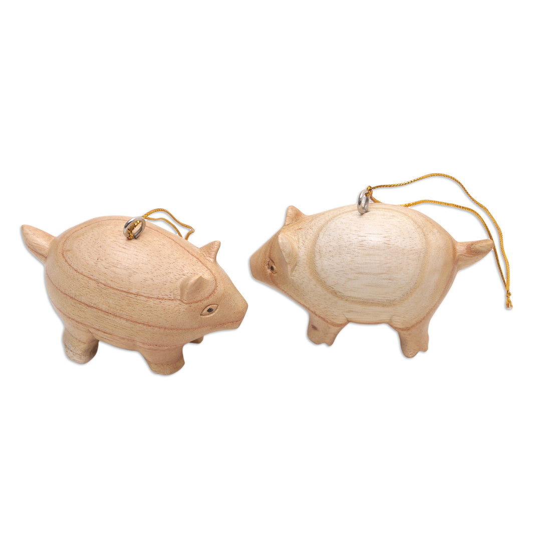 Pair of Wood Pig Ornaments Hand-Carved in Bali - Chubby Piggies